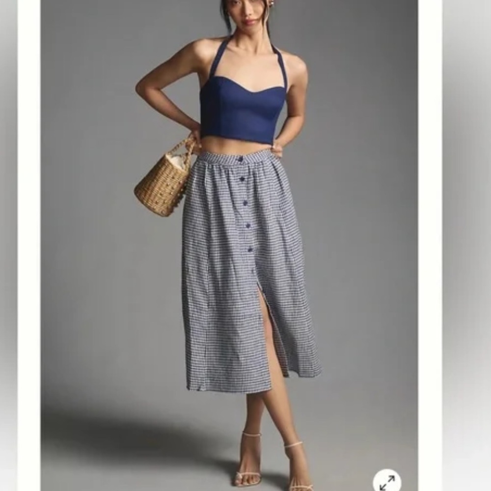 Reformation Orzo Linen Button Up Midi Skirt | Blue Gingham Linen Skirt | Size 8